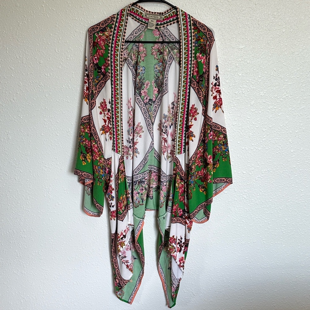 Flying Tomato Floral Green and White Kimono Boho Size Medium Large - Picture 3 of 5